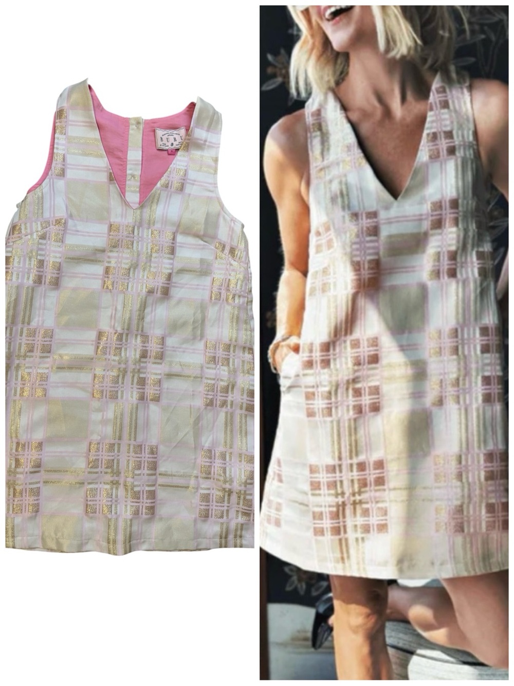 BURU V- Neck Sleeveless Pink Plaid Shift Dress with Gold Metallic Shimmer, Small